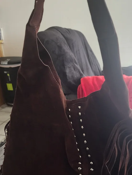 Suede Fringe Hobo Bag in Dark Brown - Picture 1 of 6